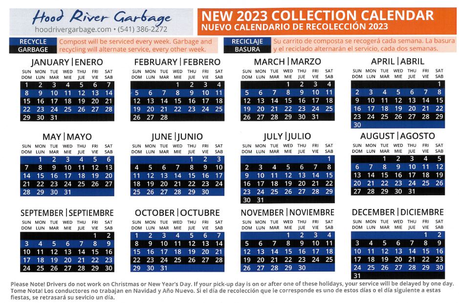 Hood River City 2023 Collection Calendar.