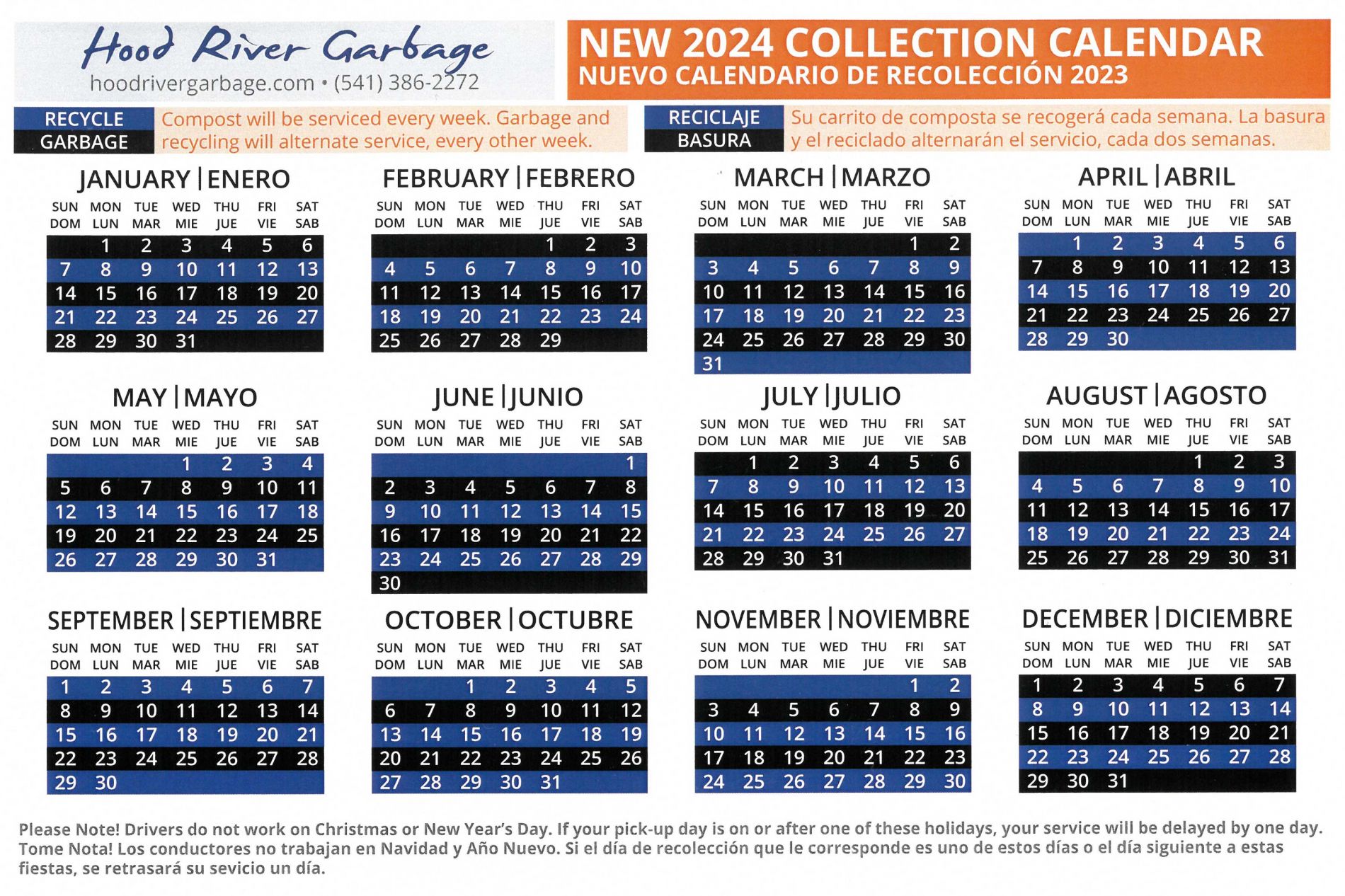 Hood River City 2024 Collection Calendar.